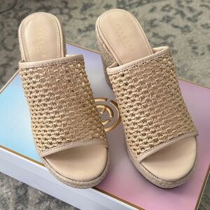 CECELIA NEW YORK Farra Sugar  Beige Woven Espadrille Wedge Slides